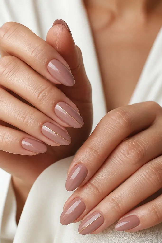 Nude almond nails in a dusty rosy taupe; one nail on each hand has a single thin vertical gold stripe from near cuticle to tip; glossy finish throughout.