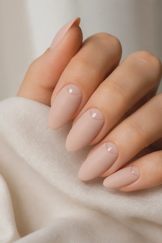 Almond nails in a pale blush nude; a glossy half-moon sits at the base of each nail, leaving the rest matte-satin; light reflects on the half-moon only.