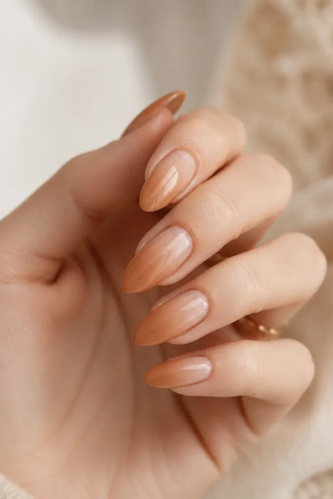 Almond nails with a caramel nude gradient: lighter at the cuticle, warmer and slightly deeper toward the tip; glossy finish; smooth blending with no harsh lines.