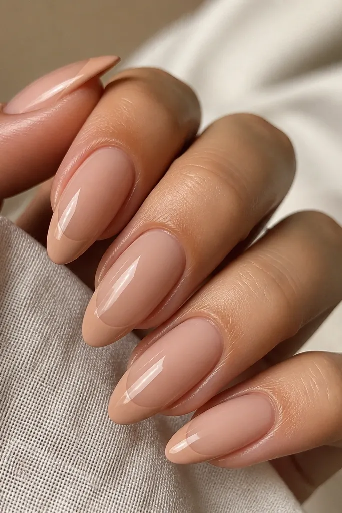 Almond nails with a sheer nude base and a nude-toned French tip in a slightly deeper beige; glossy top coat; thin precise smile lines.