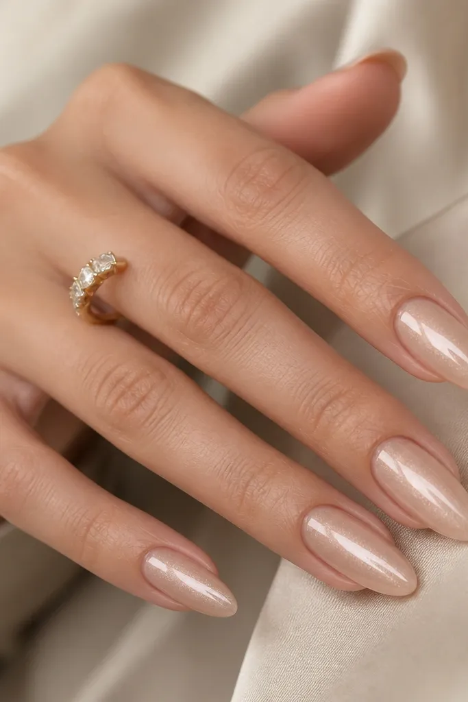 Almond nails in a champagne nude with micro shimmer particles; glossy finish; shimmer is concentrated near the center and fades toward the cuticle.