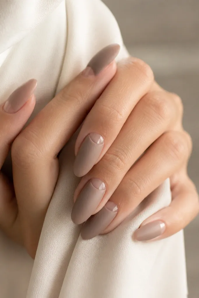 Almond nails in a taupe nude matte finish; the cuticle area is glossy in a narrow crescent; rest of nail stays soft-matte.