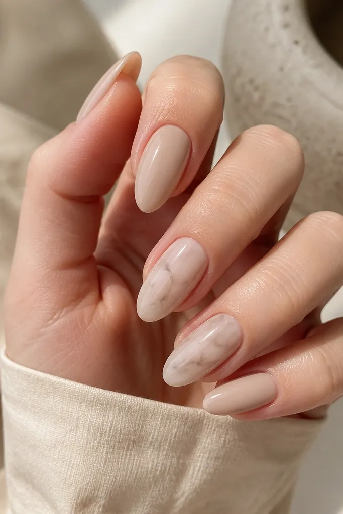 Most almond nails are solid nude; one or two nails have thin gray-beige marble swirls with a glossy finish; the marbling stays subtle and airy.