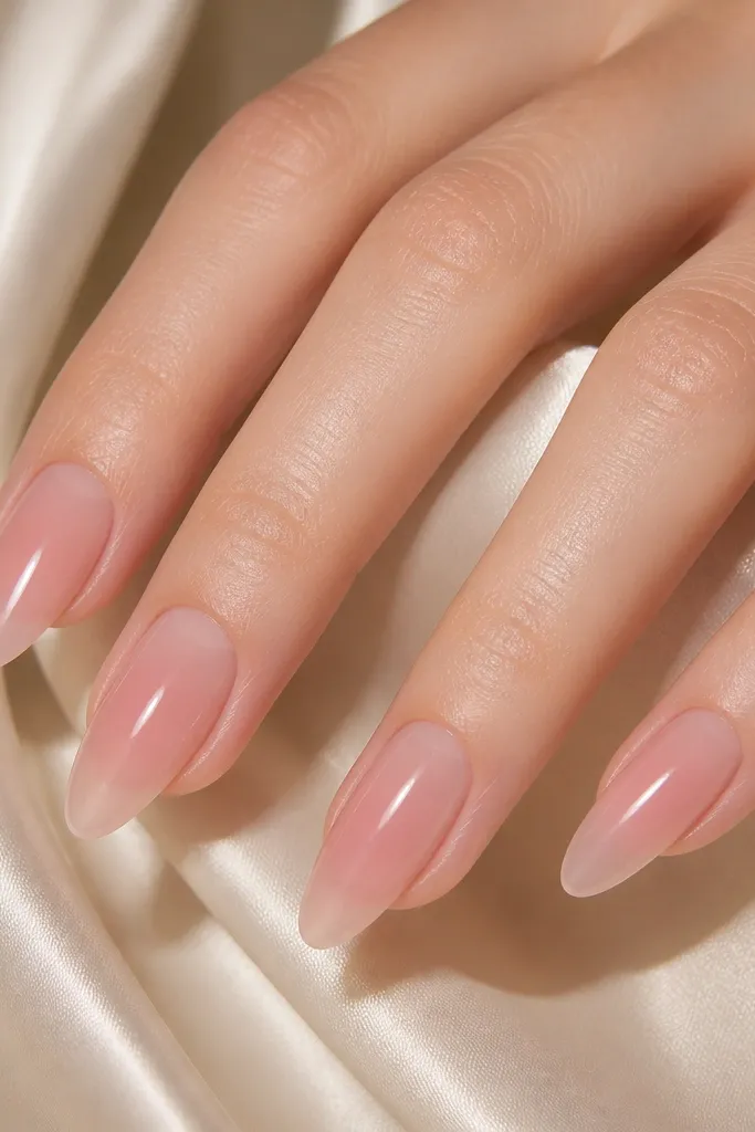 Almond nails with a clear jelly nude look; a soft pink tint sits in the center of each nail, fading outward; glossy and glassy.