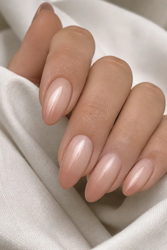 Sheer nude almond nails with deeper nude only at the tip area; the gradient fades toward mid-nail; glossy finish.