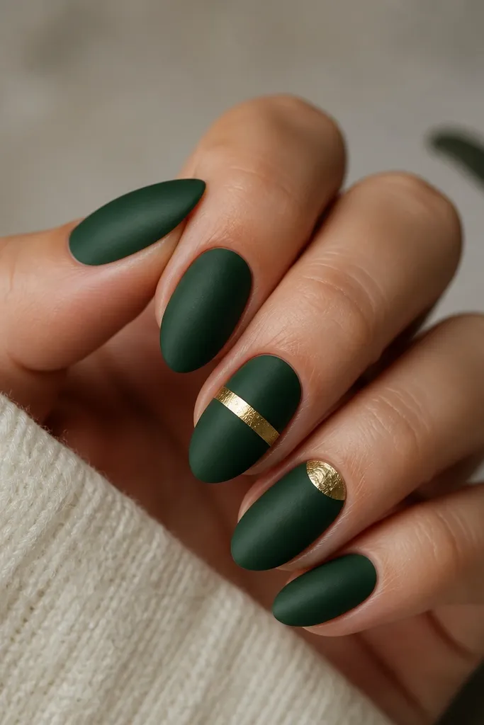 Five nails shown on a hand: four are short almond with a matte deep emerald green base; the ring finger has a gold foil half-moon at the cuticle. One accent nail has a thin gold foil arc centered, with matte green around it.