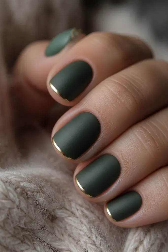 Close-up of short squoval nails. The base is forest green with a smooth satin finish; each tip has a thin, sharp gold chrome French line that curves perfectly at the sidewalls.