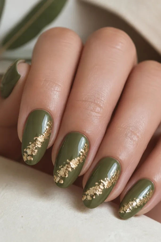 Five nails with an olive green glossy base. Each nail has a diagonal gold leaf swipe from mid-nail toward the outer edge, with tiny gold pieces scattered along the line.