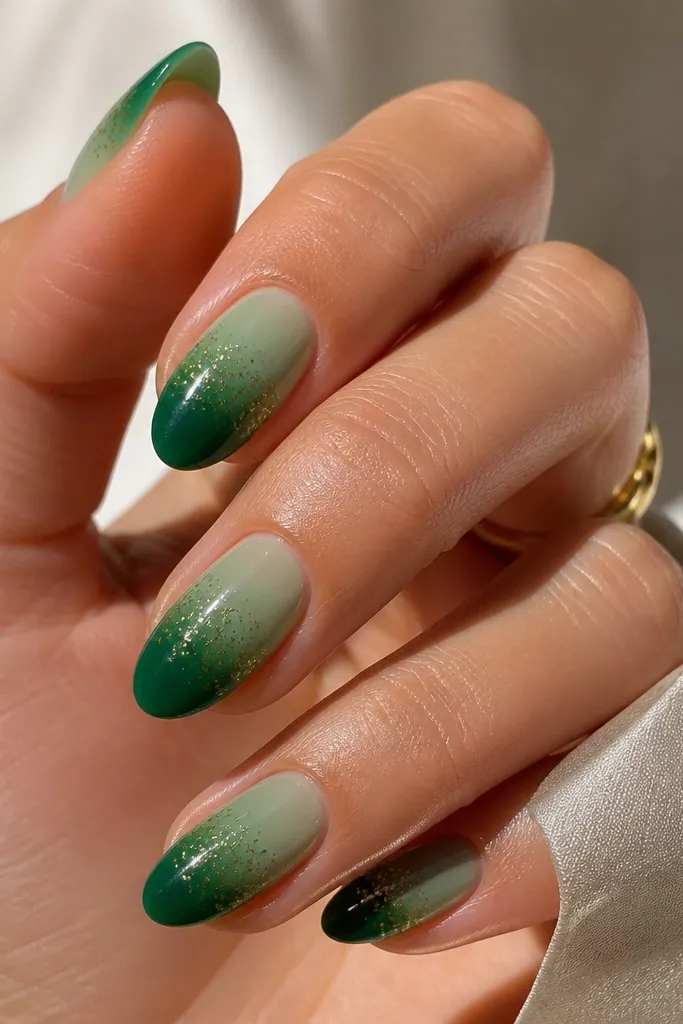 A hand with medium almond nails. Each nail fades from deep emerald near the tip to a lighter jade near the cuticle. Tiny micro gold dots cluster along the gradient line.