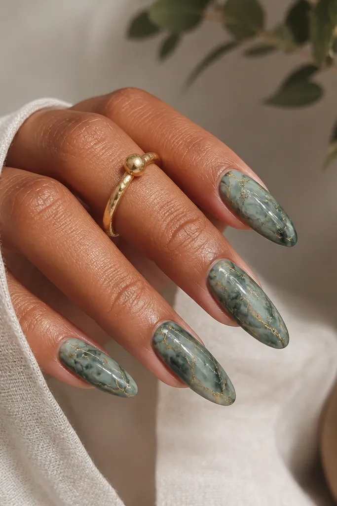 Long almond nails with a marbled design. The base is a smoky green swirl with darker veins; thin metallic gold lines trace parts of the marble pattern, like cracked stone.