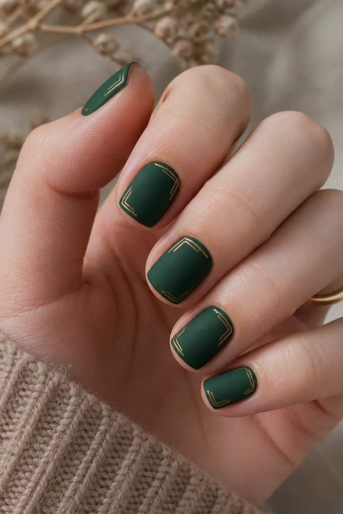 Short square nails with a velvety deep green finish. Each nail has gold line art in the corners, like tiny frames, with thin metallic gold paint.