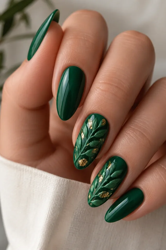 Medium almond nails with a glossy emerald base. The ring and middle fingers have raised 3D leaf shapes in green, with small gold foil pieces tucked under the leaves.