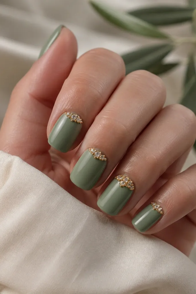 Short squoval nails in sage green. A gold chain effect runs along the cuticle line using small rhinestones and micro gold beads, with one nail featuring a slightly thicker cluster.