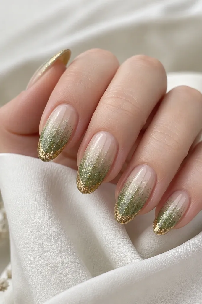 Medium almond nails showing a glittery green fade that starts light near the cuticle and gets denser toward the tip. Gold flakes concentrate at the very tip edge, forming a thin halo.