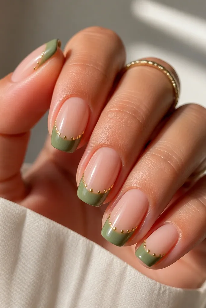 Five nails with a sheer nude base and a crisp green French tip. Along the smile line, there are 3-5 tiny gold studs per nail, evenly spaced, with a glossy finish.