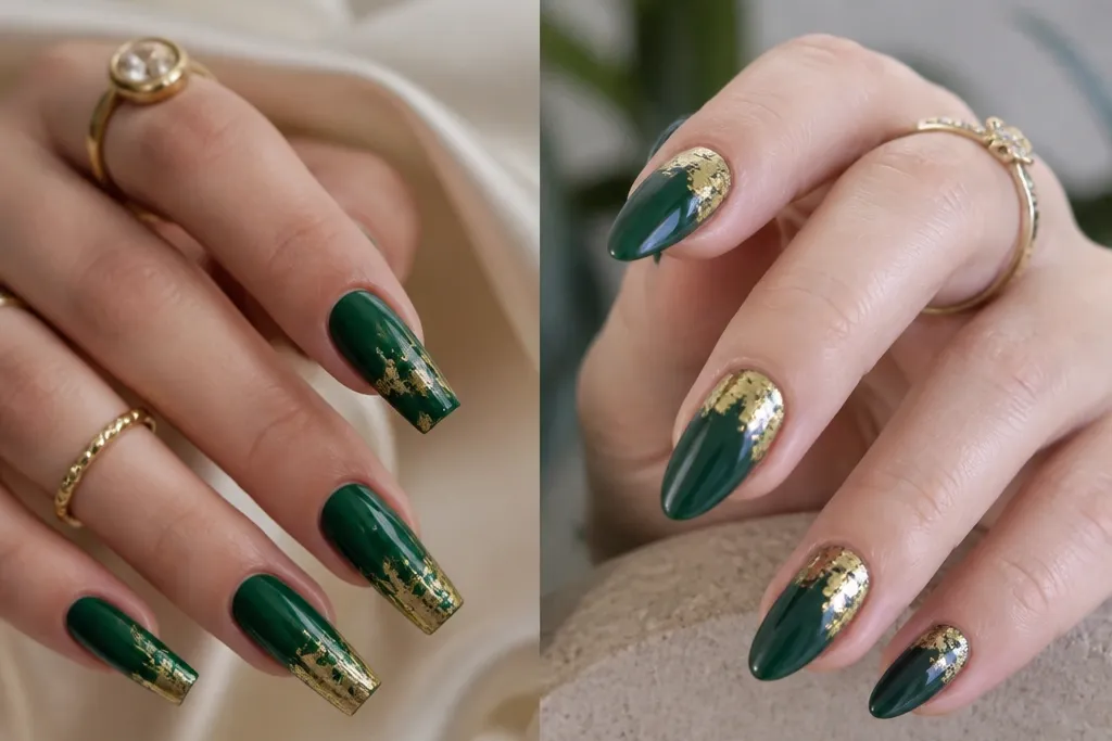 Green and gold acrylic nails vs gel