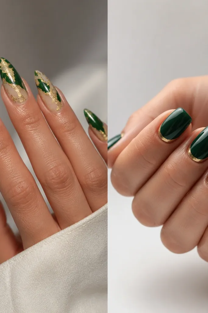 Green and gold acrylic nails vs gel