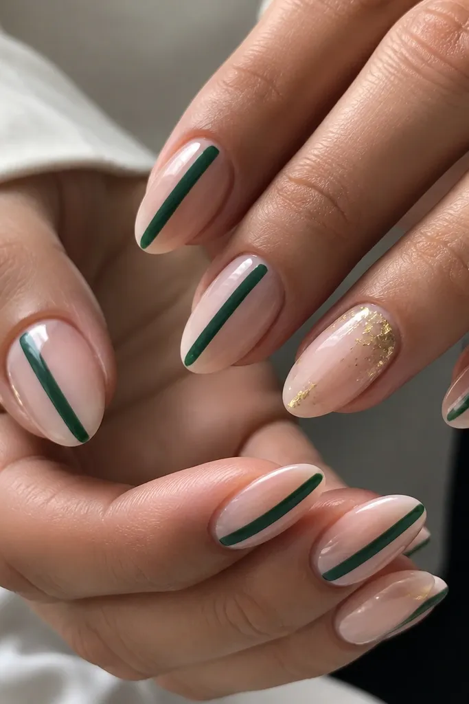 Set of medium almond nails. Most nails are sheer nude with a smooth emerald green stripe running straight down the center. Two nails show tiny gold foil flecks clustered near the cuticle and fading outward.