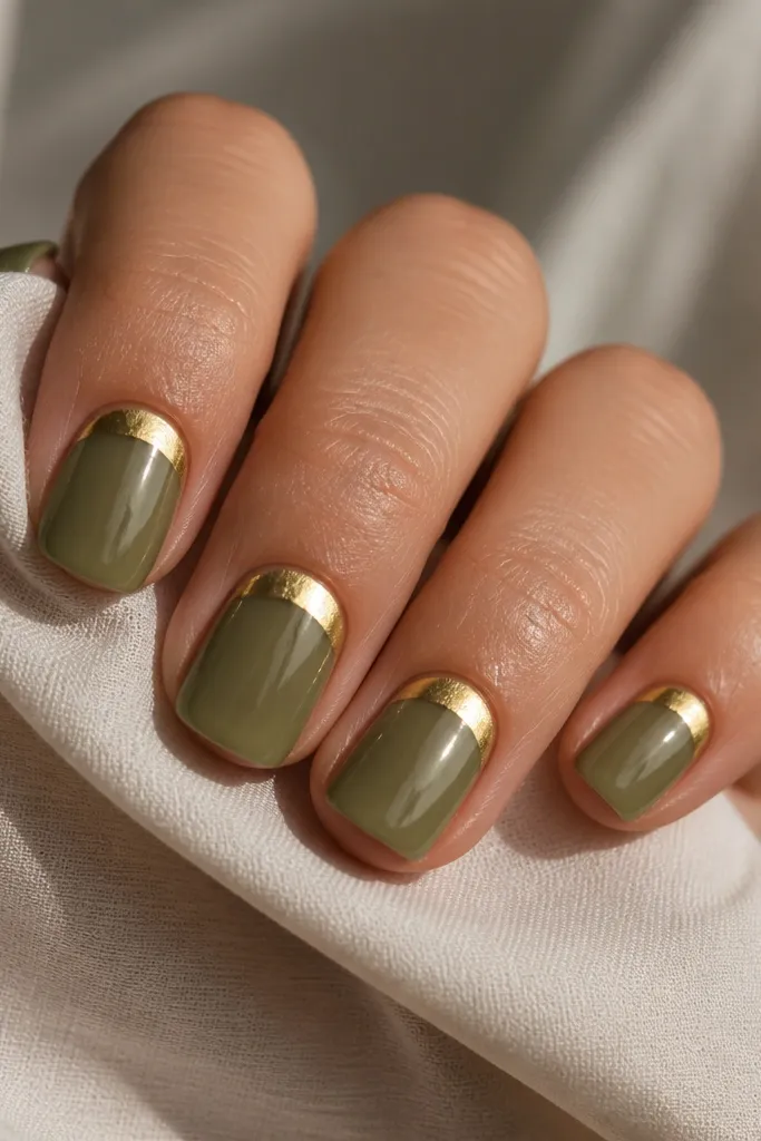 Short squoval nails in sheer olive green. Each nail has a gold foil half-moon at the cuticle, shaped like a crescent, with the rest of the nail staying translucent.