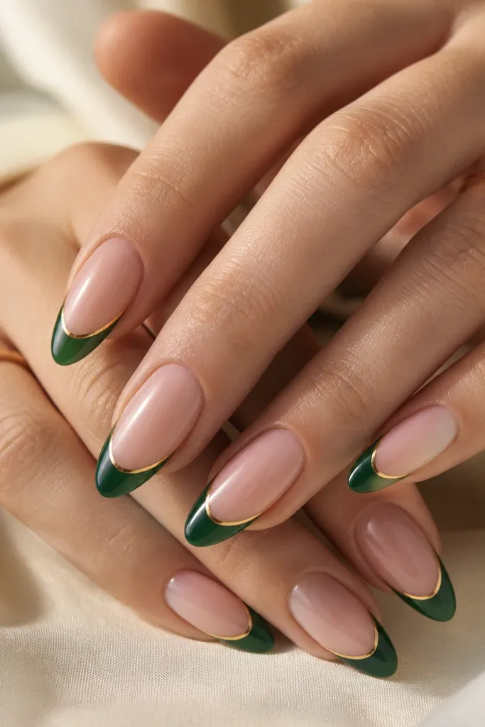 Long almond nails. The tips are painted emerald green in a classic French shape. A thin gold line outlines the edge of the French, and the rest of the nail is glossy sheer pink.