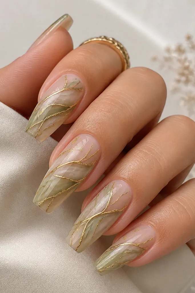 Medium coffin nails. Each nail has soft olive marble swirls over a sheer nude base. Thin gold lines branch through the marble like leaf veins.