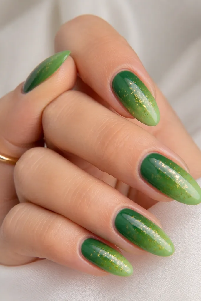 Almond nails with a smooth gradient from deeper emerald at the cuticle to lighter green near the tip. Gold specks look like tiny rolled flakes scattered near the center.