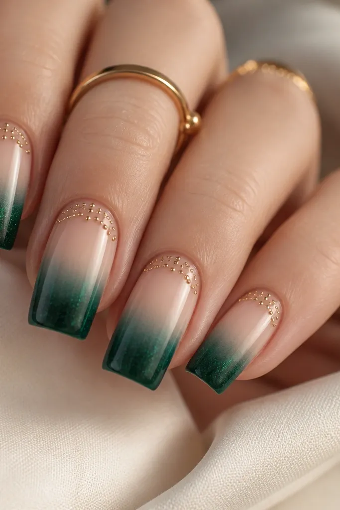 Square nails. The color fades from sheer nude at the cuticle to emerald shimmer at the tips. A cluster of tiny gold dots sits at the cuticle line like a stipple pattern.