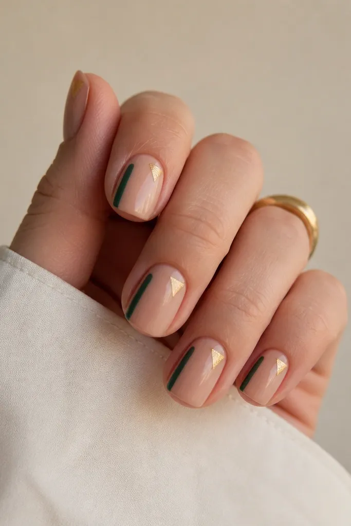 Short squoval nails on a nude base. Each nail has an emerald green stripe only on the left sidewall, stopping before the free edge. The opposite top corner has a small gold foil triangle.