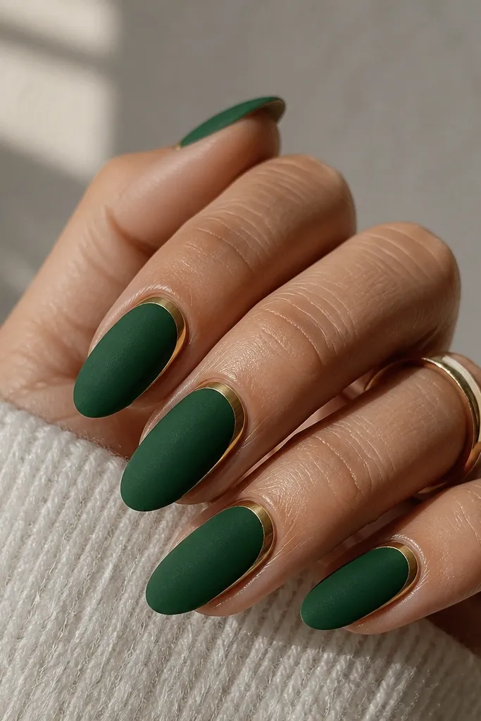 Medium almond nails. The green looks soft and matte like velvet, with a smooth "ring" of gold chrome around the cuticle. The rest of the nail stays deep green.