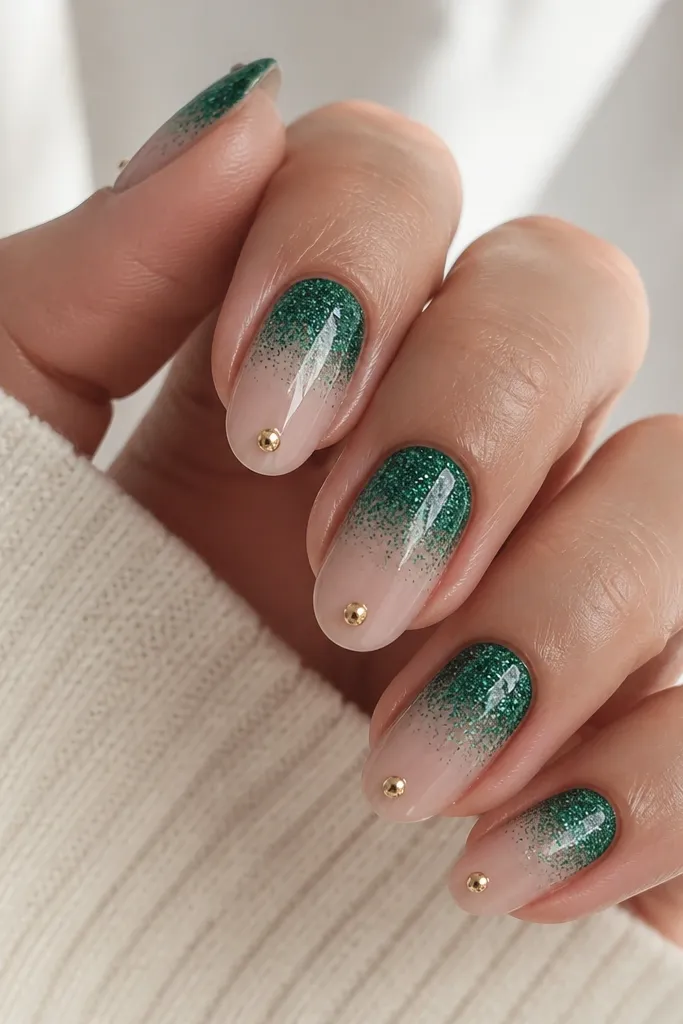 Glossy medium oval nails. The base is sheer nude, then the top half is covered in emerald micro-glitter. Each nail has one small gold foil dot placed dead-center at the cuticle.