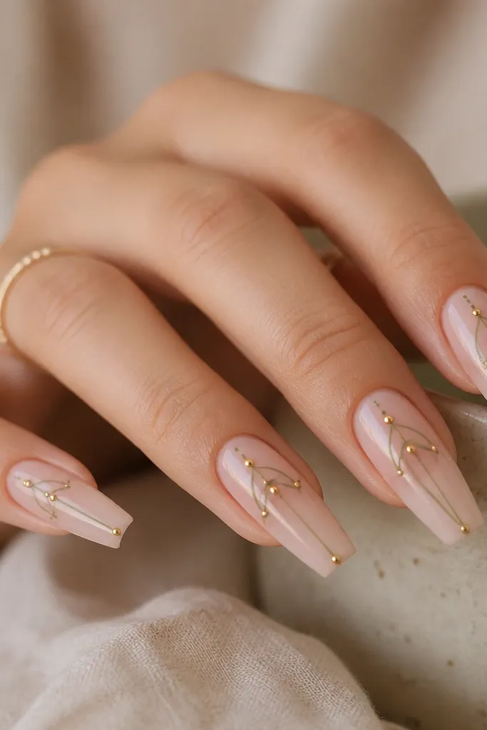 Coffin nails with a sheer nude base. Thin olive linework forms small arches and dots across the nail. At the ends of two lines on each nail, there are tiny gold micro-studs.