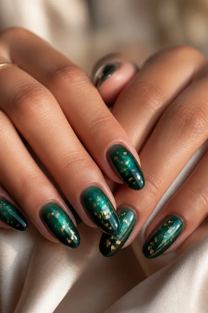 Almond nails. The center has a deep emerald glow with an airbrushed aura effect fading outward. A few gold leaf-like confetti pieces scatter across the middle and near the sides.