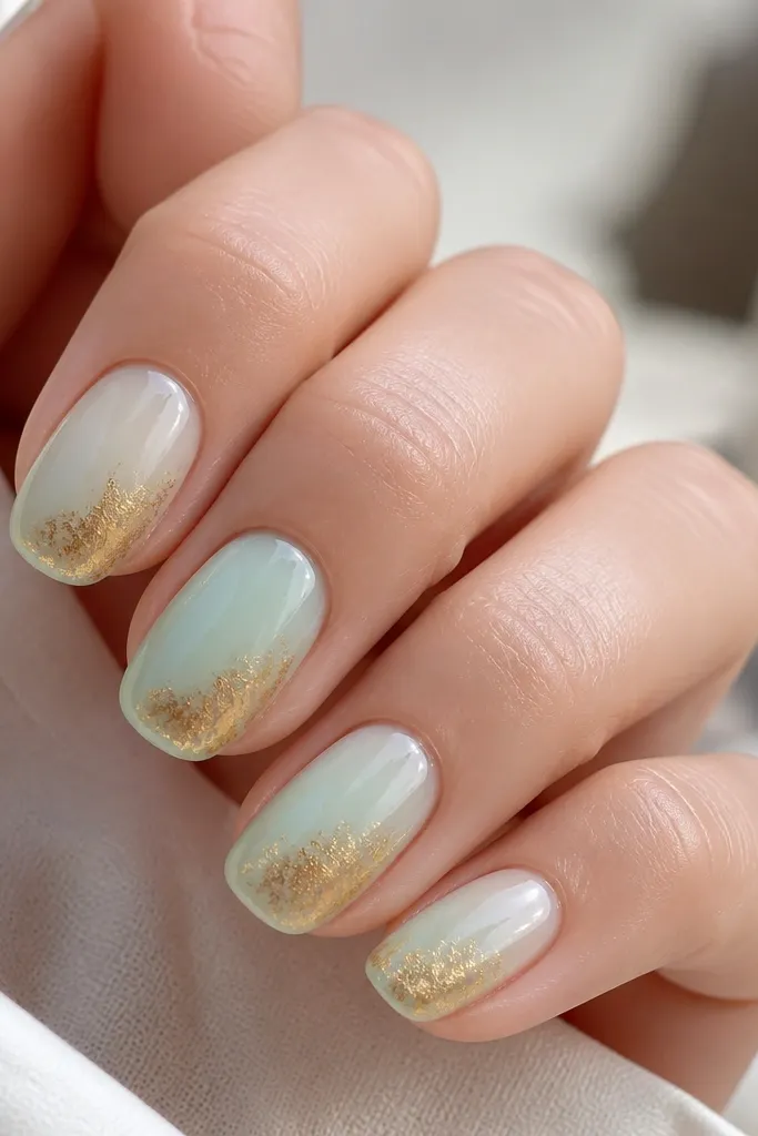 Four nails are shown on a hand: the base is a translucent mint jelly that still looks glossy, and the gold is a soft foil fade at the tips with uneven, natural foil edges. The gold sits only on the outer third of each nail.