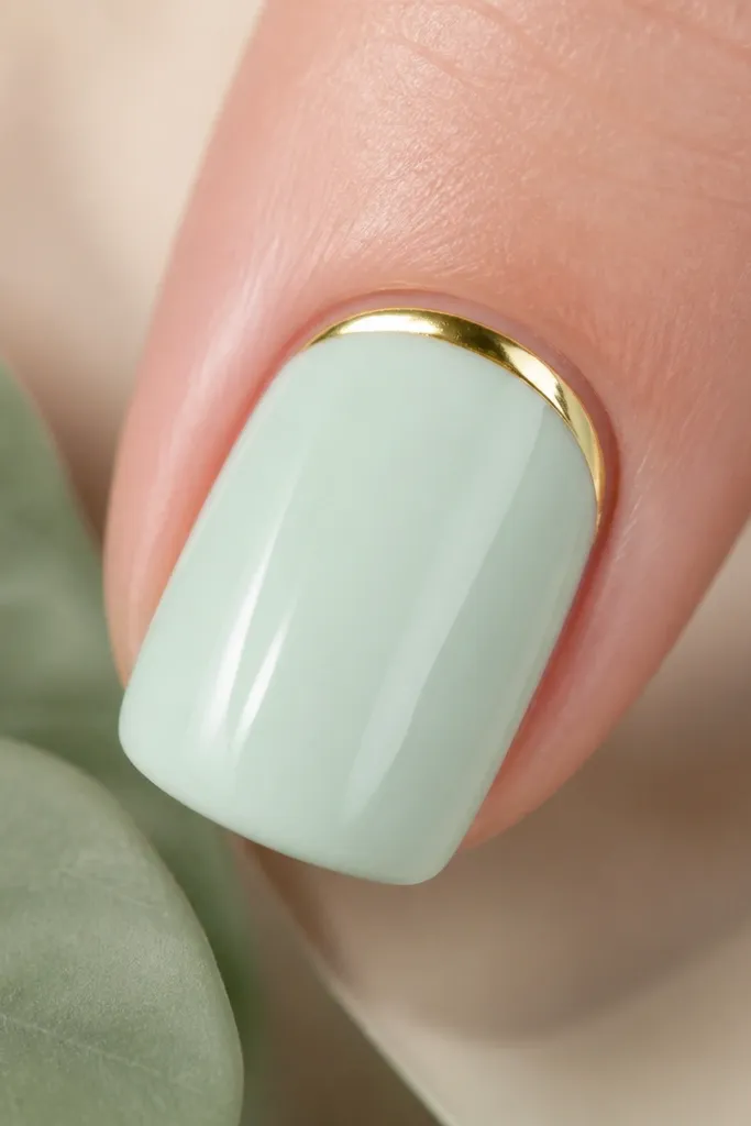 A close-up shows a pale mint nail with a thin, curved chrome gold line hugging the cuticle. The gold crescent is crisp and reflective, and the rest of the nail is plain mint with a glassy finish.