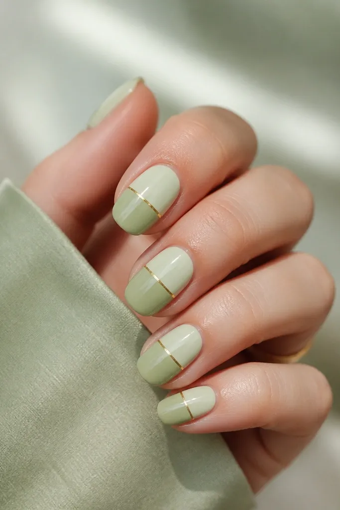 Each nail is split horizontally into two soft green shades: the bottom half is pistachio, the top half is pale mint. A clean gold line runs along the split like a thin border.