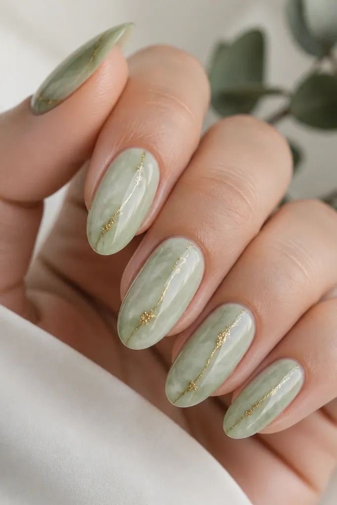 The nails show a soft sage marble pattern with wispy white-green streaks. A thin gold vein runs diagonally from the base to near the tip, with small gold flecks at the crossings.