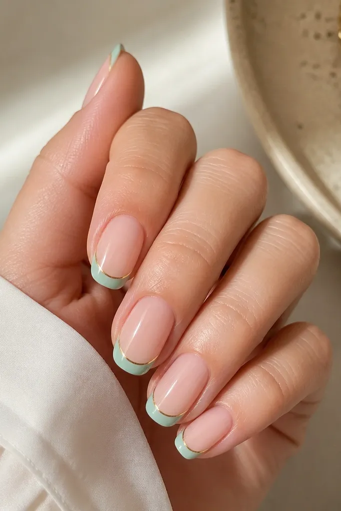 A classic French manicure: the nail base is sheer nude-pink. The French tip is a light mint arc, and a very thin gold line sits right at the edge of the mint tip like a micro border.