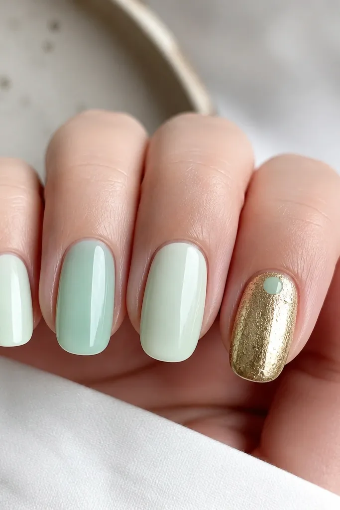Five nails: four are different shades of pale mint (mint cream, mint jelly, milky mint, and a slightly grayer sage). One accent nail has a full gold foil base with a small mint dot near the cuticle.