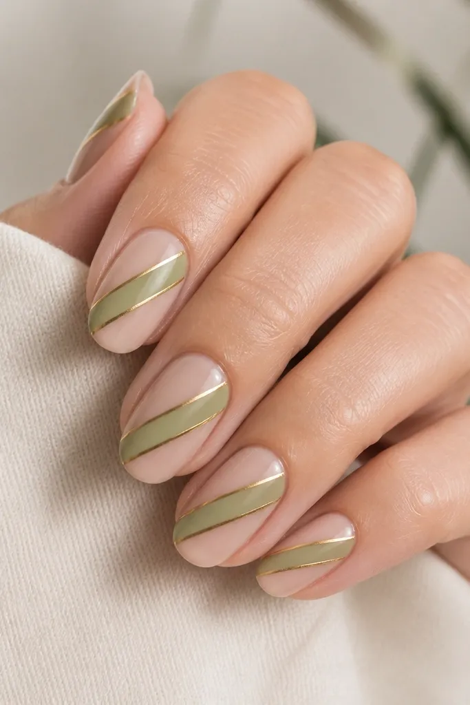 Each nail has a sheer nude base. A diagonal stripe runs from lower left to upper right in light green. The stripe is outlined on both sides with thin gold lines, like a double frame.