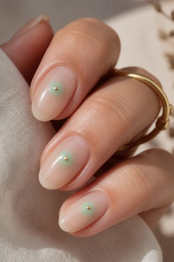 The nail base is sheer. Around the center near the cuticle, there's a soft mint glow that fades outward like an aura. In the middle of the glow is a tiny gold dot, reflective and raised slightly.
