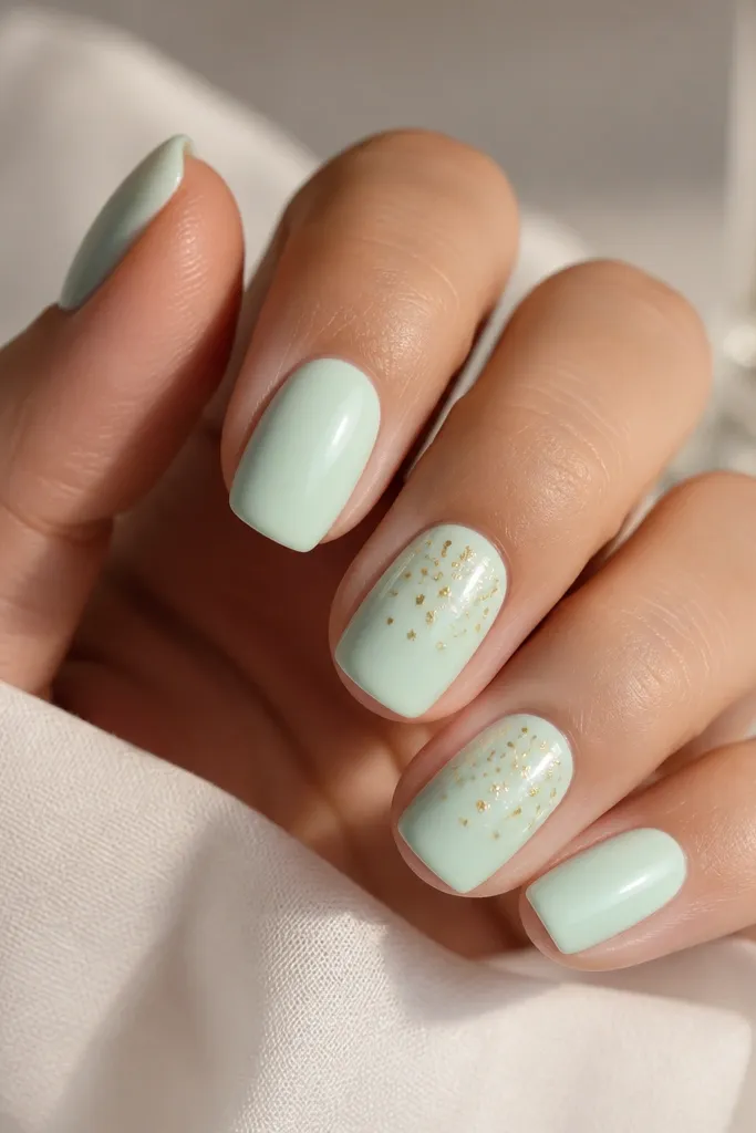 The nails are milky mint opaque. On two nails, there are small bits of gold foil scattered like confetti across the middle and upper half, with no big chunks.
