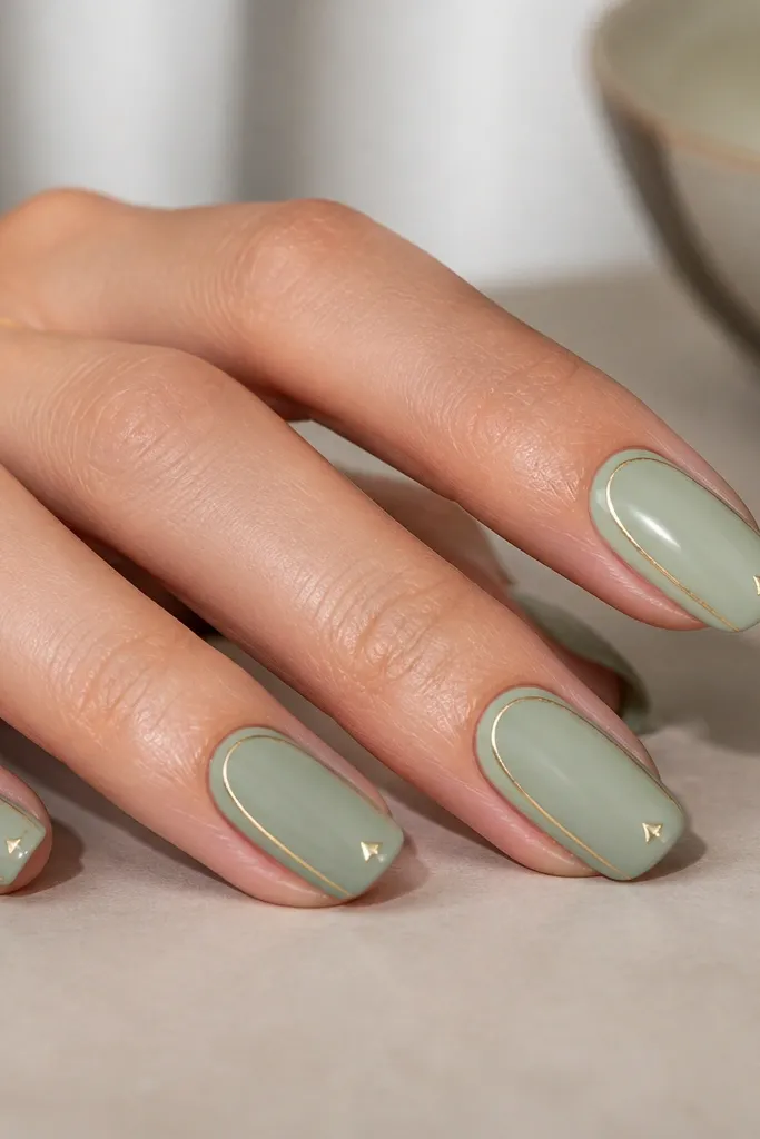 The nails are soft sage. One side of each nail has a thin gold outline that follows the nail shape for about half the nail length, and there's a small gold corner accent near the tip.