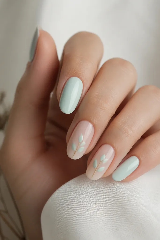 A nude base with light mint leaf shapes on two nails. Each leaf cluster has a thin gold stem line and two small mint leaves, with the rest of the nails plain pale mint.