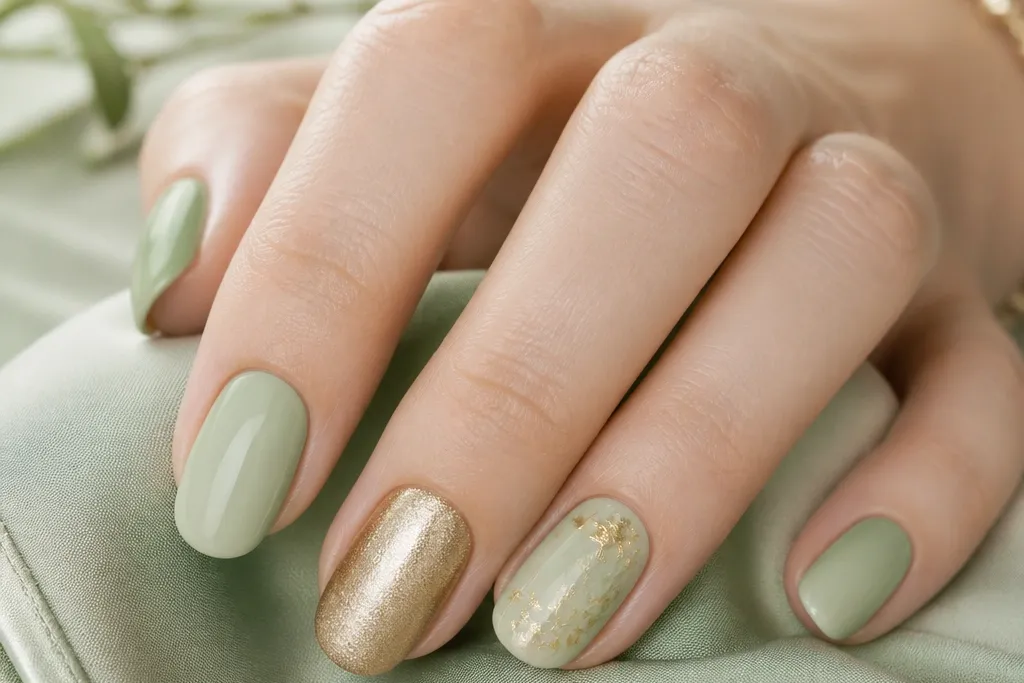 Light green and gold nails fresh look