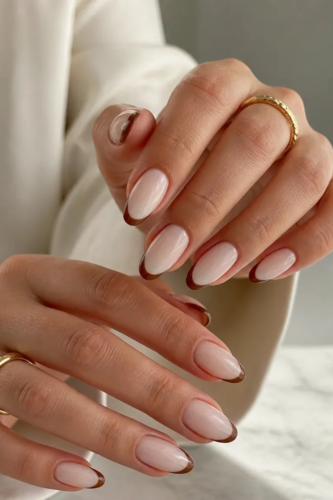 A set of almond nails with a sheer milky nude base. The French tip is a thin, clean chocolate-brown line with a slightly tapered outer edge, glossy finish, and neat cuticle borders.