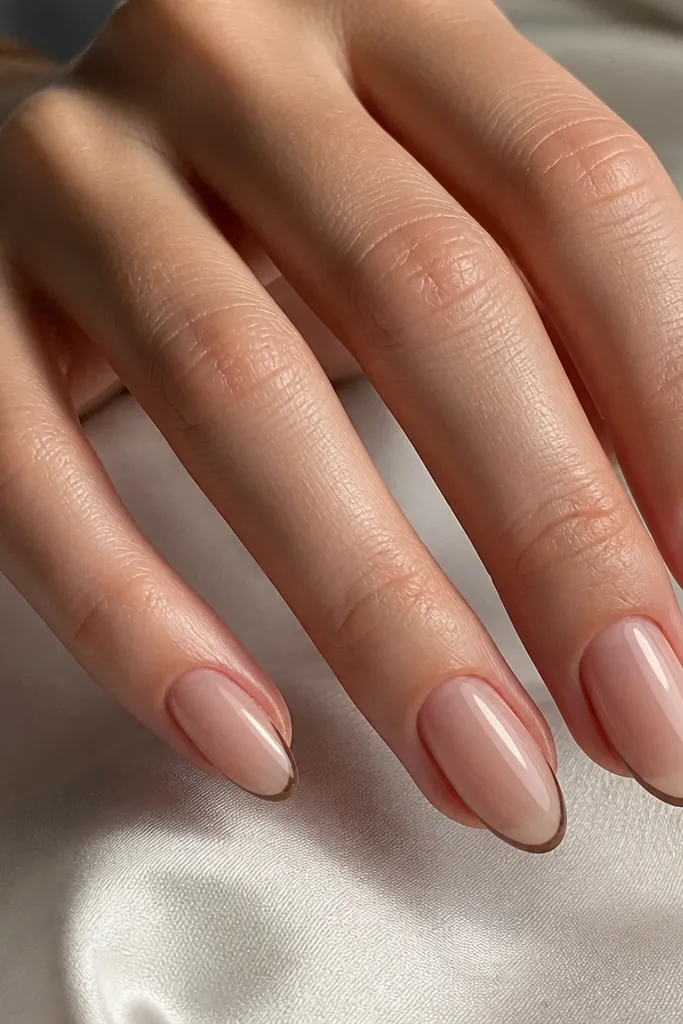 Short-to-medium almond nails with a sheer nude base. The French tips are extremely thin espresso-brown lines, almost like a fine border, with high gloss.
