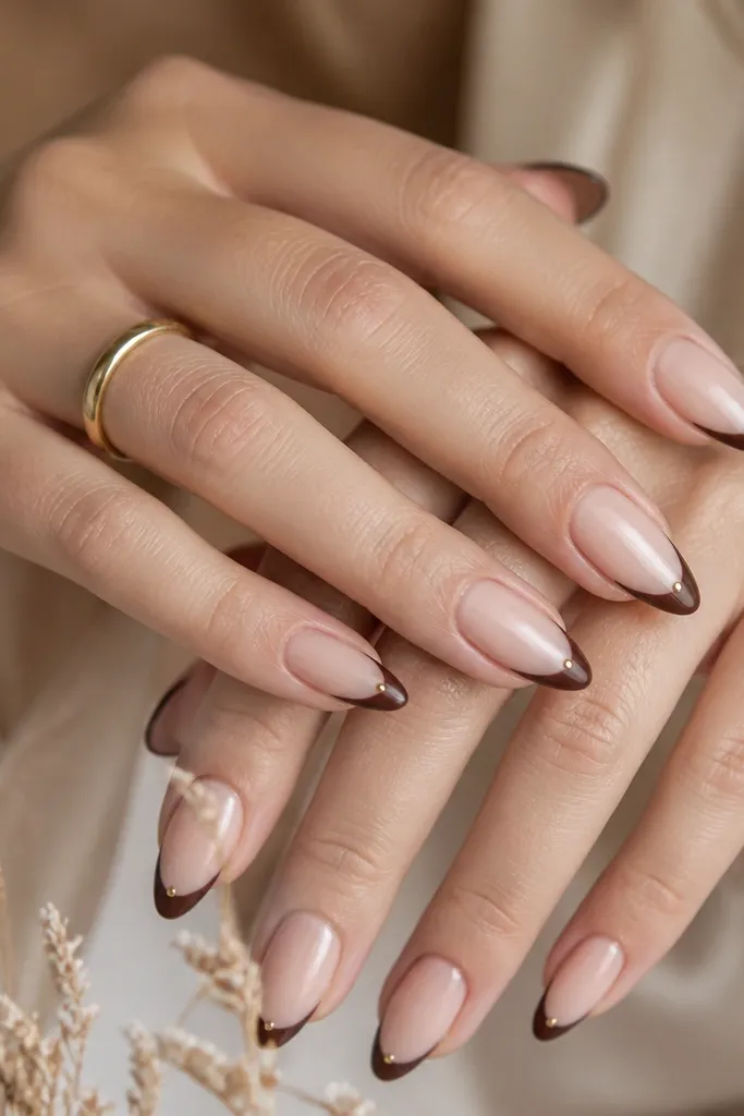Almond nails with a sheer nude base and thin chocolate-brown French tips. A tiny gold dot sits centered on each French line near the smile curve, glossy finish.