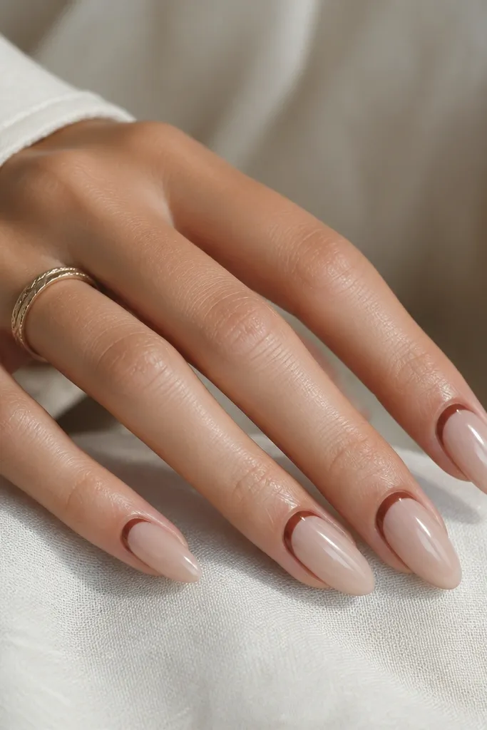 Almond nails with a sheer nude base. A thin brown line sits right at the cuticle curve, while the rest of the nail tip stays nude and glossy.