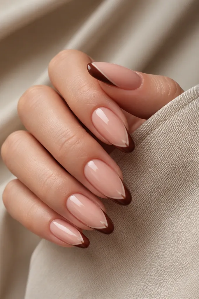 Almond nails with nude pink base. The French tip is brown, but there's a small V-shaped negative space cut into the center of the tip line, glossy finish.