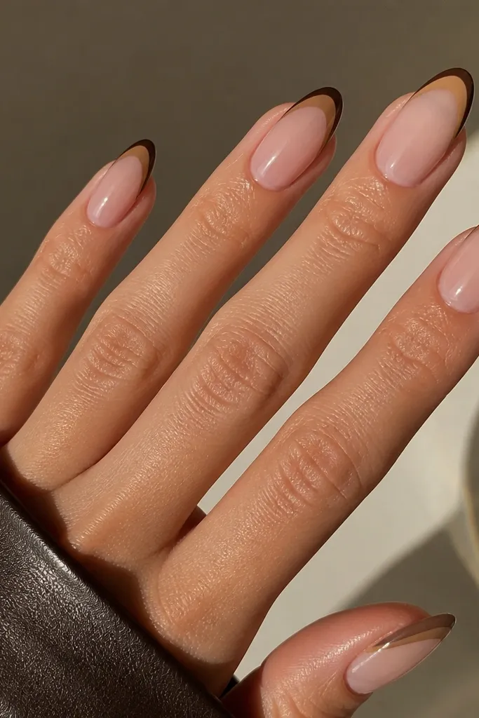 Almond nails with a sheer nude base. The French tip has a dark chocolate outer border and a warm latte-brown inner stripe, glossy finish.